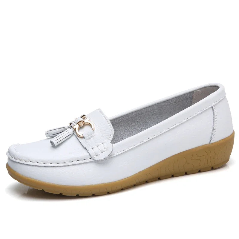 Women's Slip-On Loafers with Tassel Trim and Wedge Sole - White