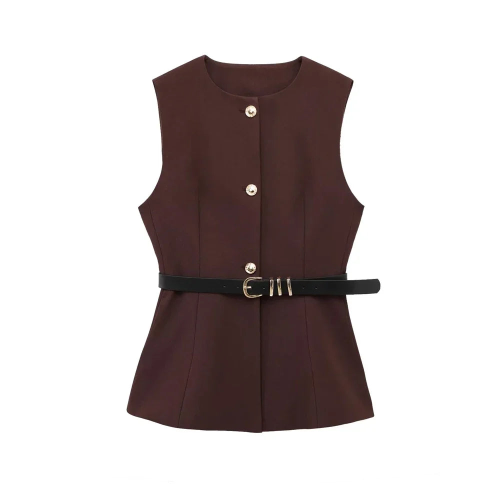 Women's Waistcoat Sleeveless with Gold Buttons and Belted Waist - Bordeaux