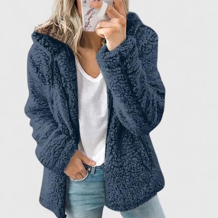 Women's Textured Longline Jacket with Hood and Zip Fastening - Blue
