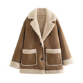 Women's Faux Shearling Jacket with Contrast Panels - Auburn