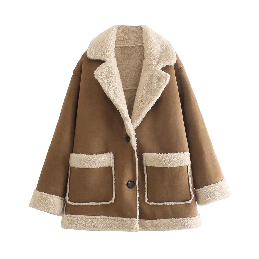 Women's Faux Shearling Jacket with Contrast Panels - Auburn