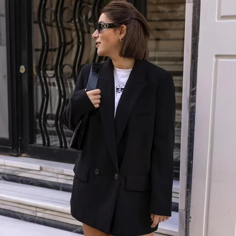 Women's Structured Blazer with Notched Lapel and Double Button - 5