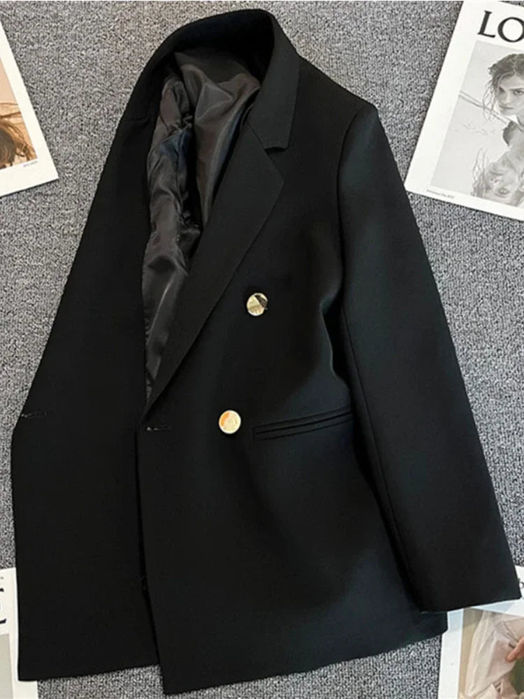 Women's Blazer Double-Breasted with Notched Lapel and Structured Fit - Black