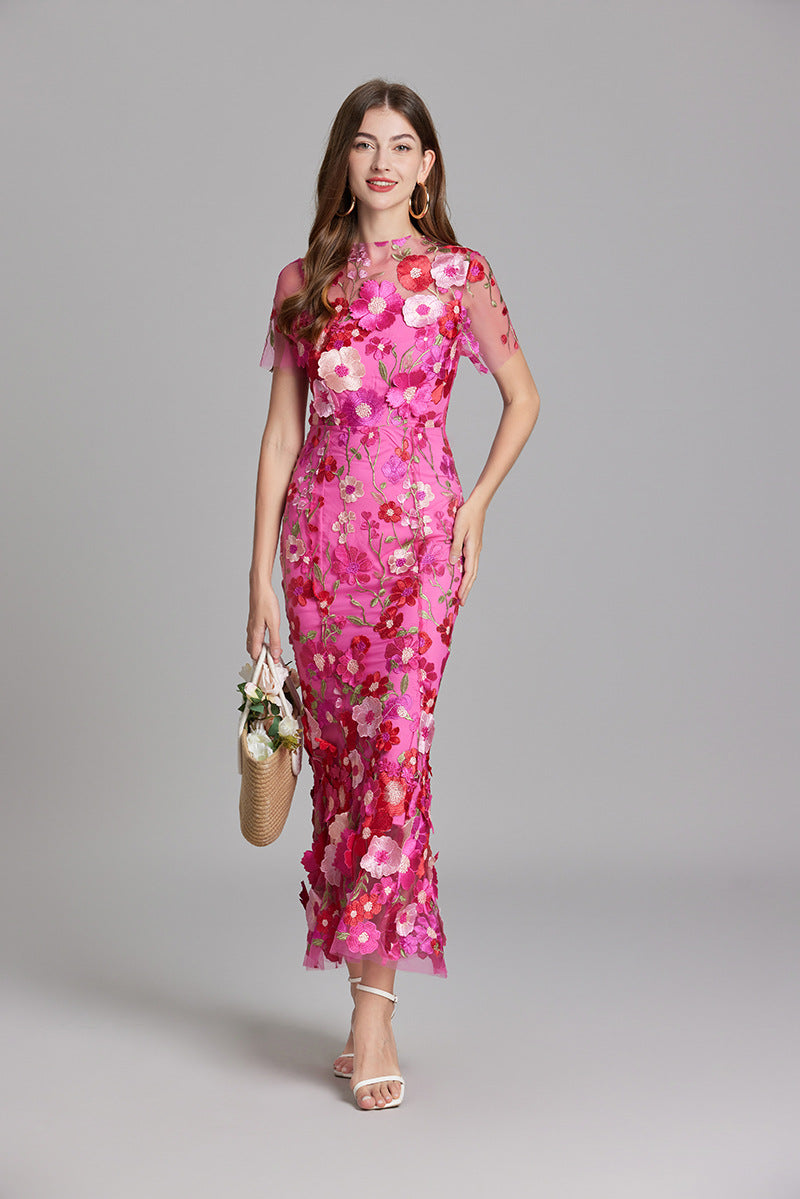 Women's Midi Dress Floral Appliqué with High Neckline and Sheer Sleeves - 4