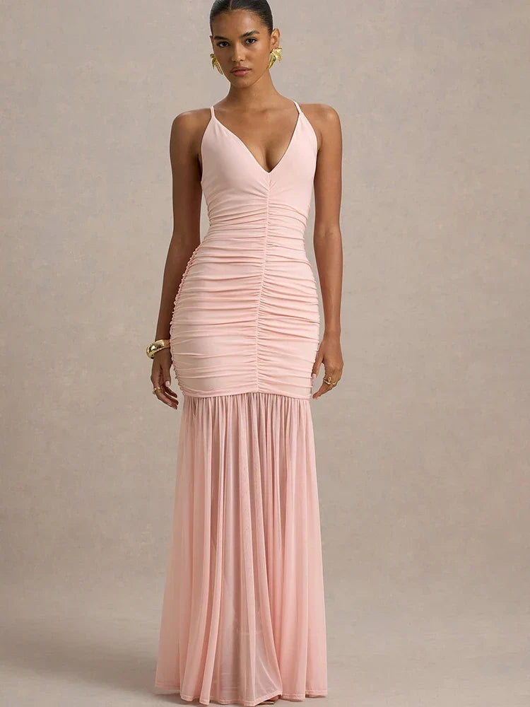 Women's Maxi Dress Sleeveless with V-Neck and Ruched Bodice - 5