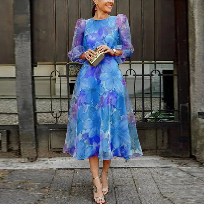 Women's Floral Midi Dress with Puff Sleeves and Round Neck - Royal Blue