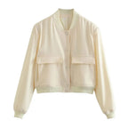 Women's Bomber Jacket with Patch Pockets and Ribbed Trim - Beige