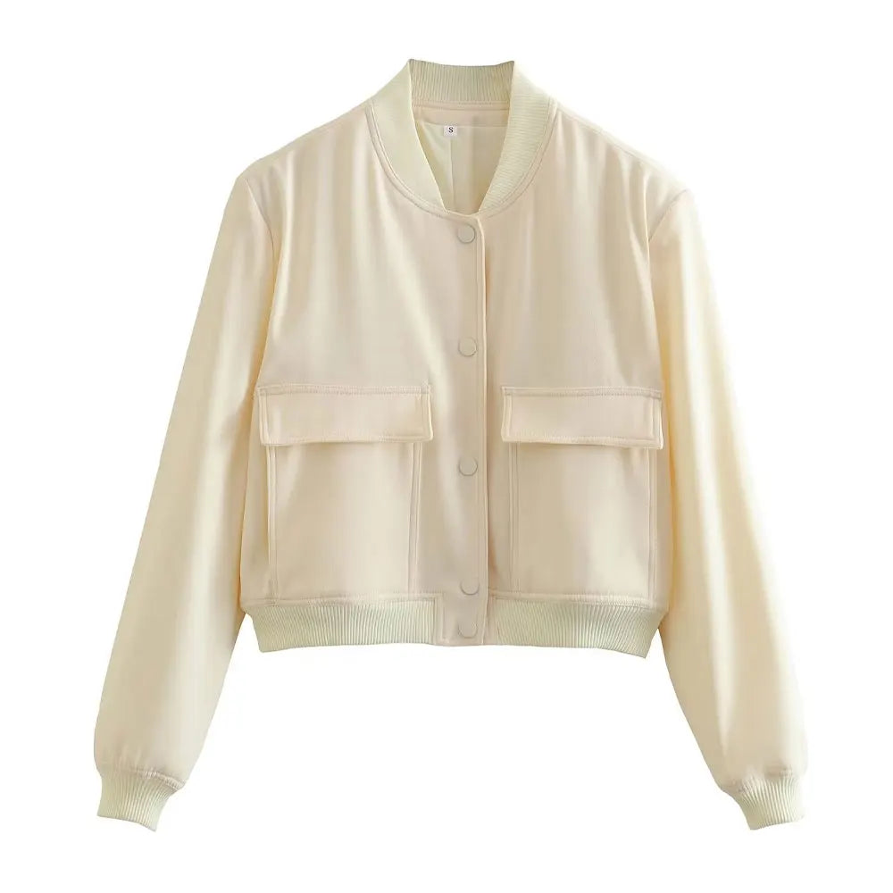 Women's Bomber Jacket with Patch Pockets and Ribbed Trim - Beige