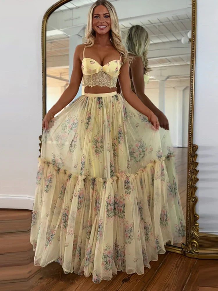 Women's Two-Piece Set Lace Bralette with Floral Tiered Maxi Skirt - Yellow