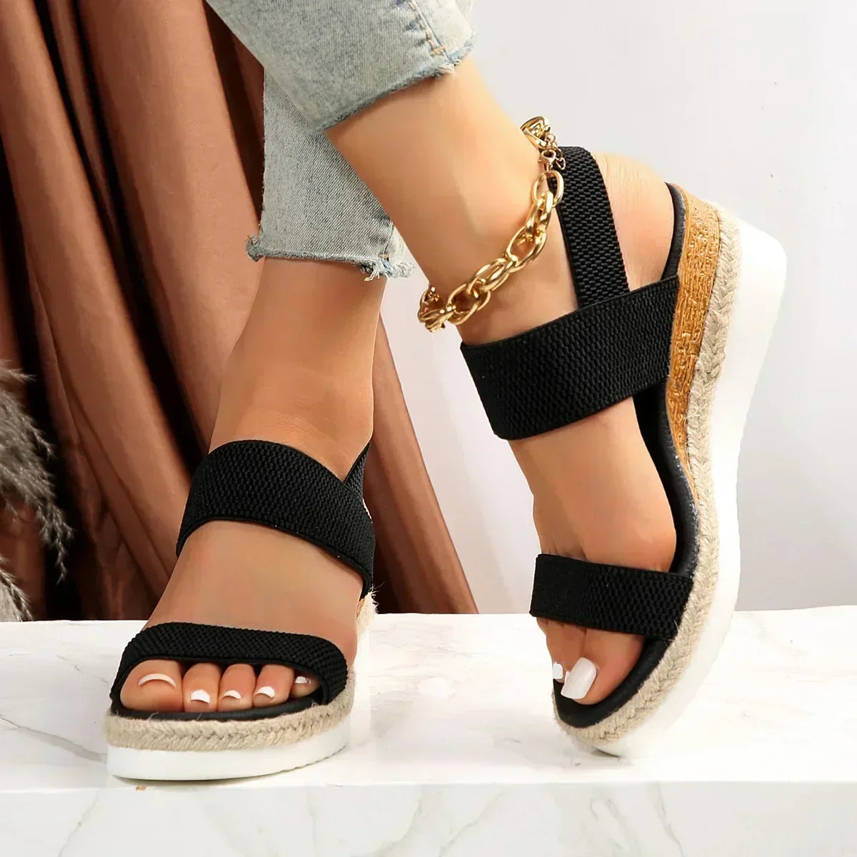 Women's Espadrille Flatform Sandals with Double Strap - Black