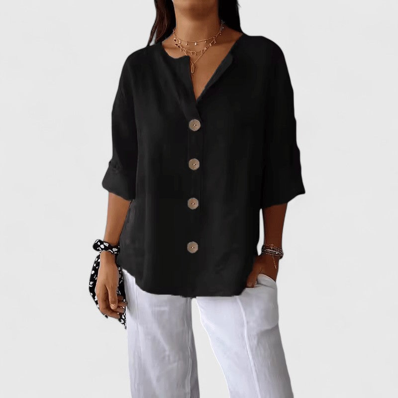 Women's Blouse V-Neck with Button Front and Relaxed Fit - Black