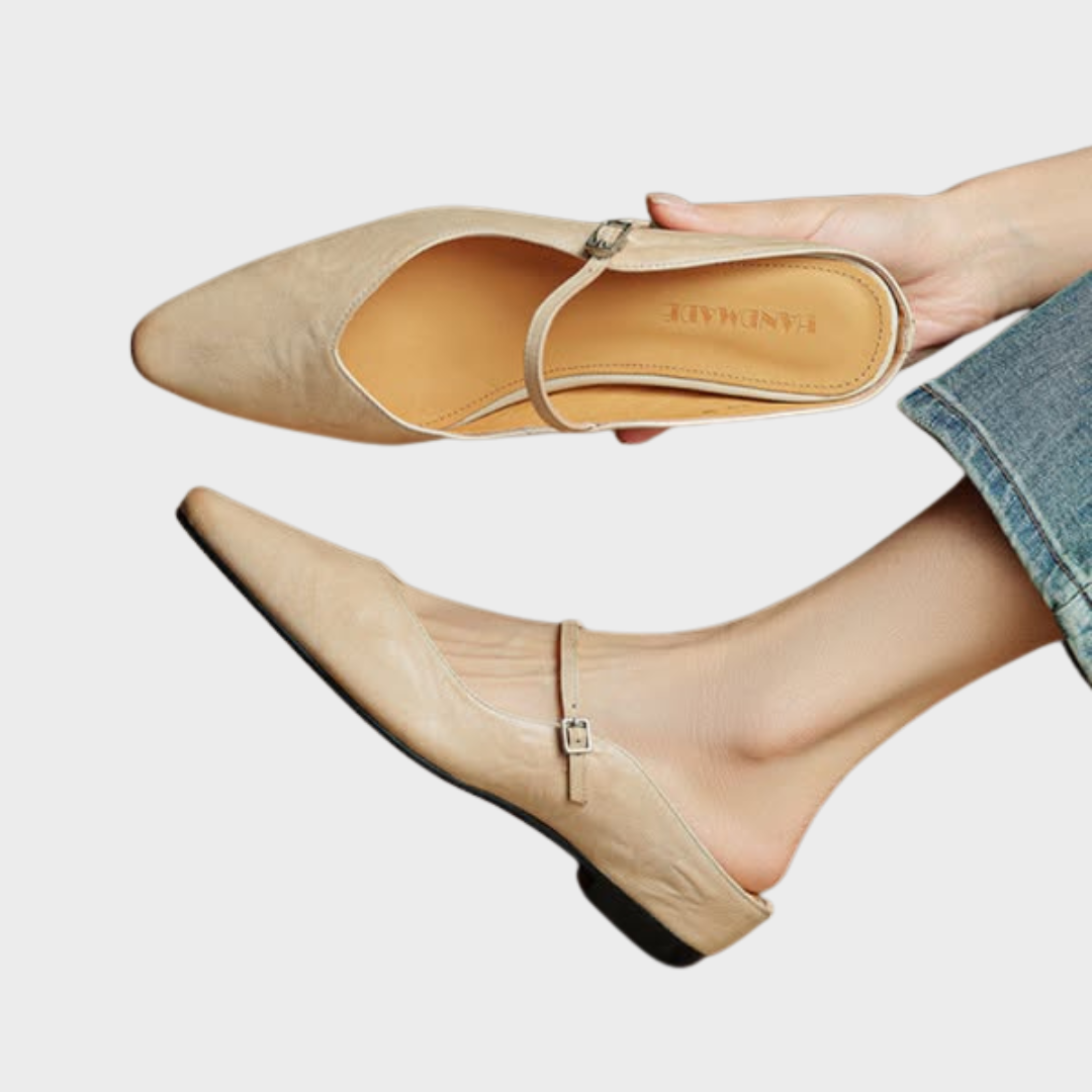 Women's Pointed Toe Mule Sandals with Ankle Strap - Beige