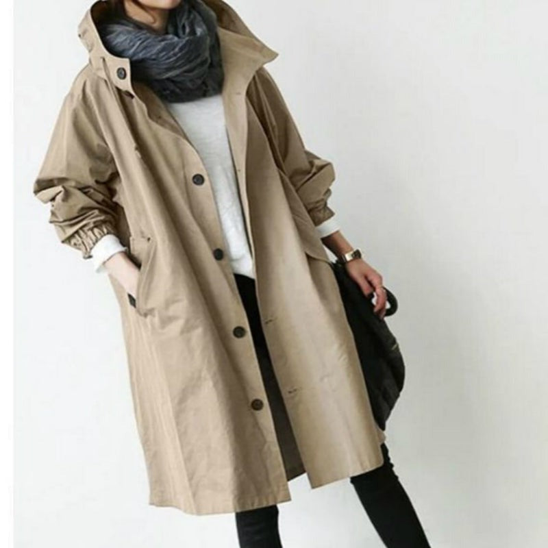 Women's Hooded Trench Coat Button-Front Knee-Length - Khaki