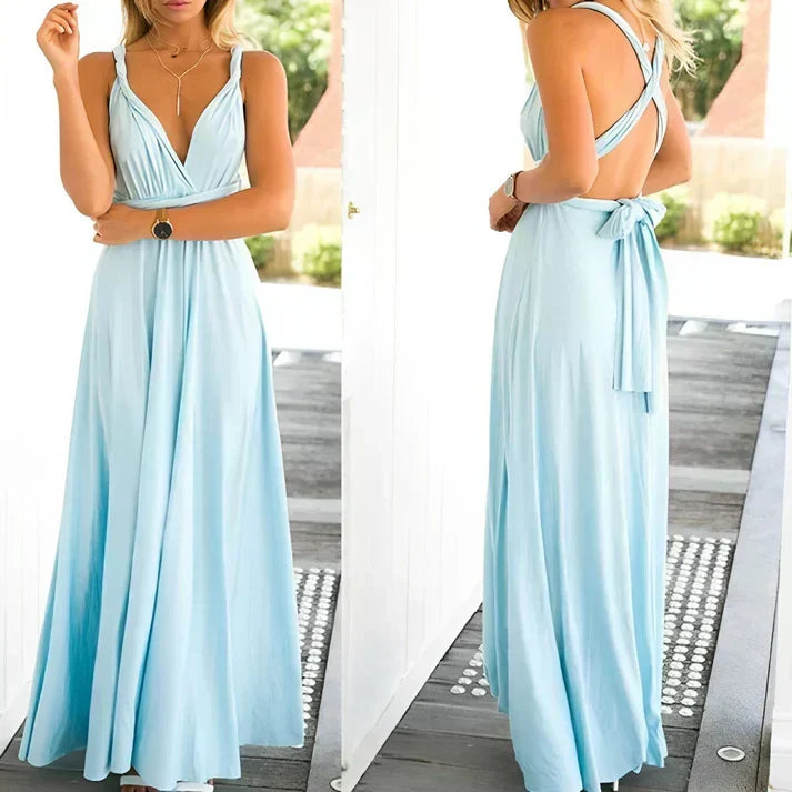 Women's Multiway Wrap Maxi Dress with Adjustable Straps - Blue