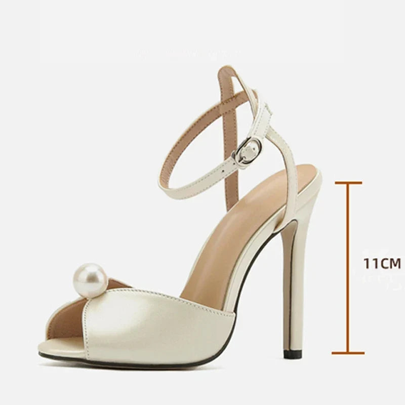 Women's Stiletto Sandals with Pearl Detail and Crossover Ankle Strap - 6
