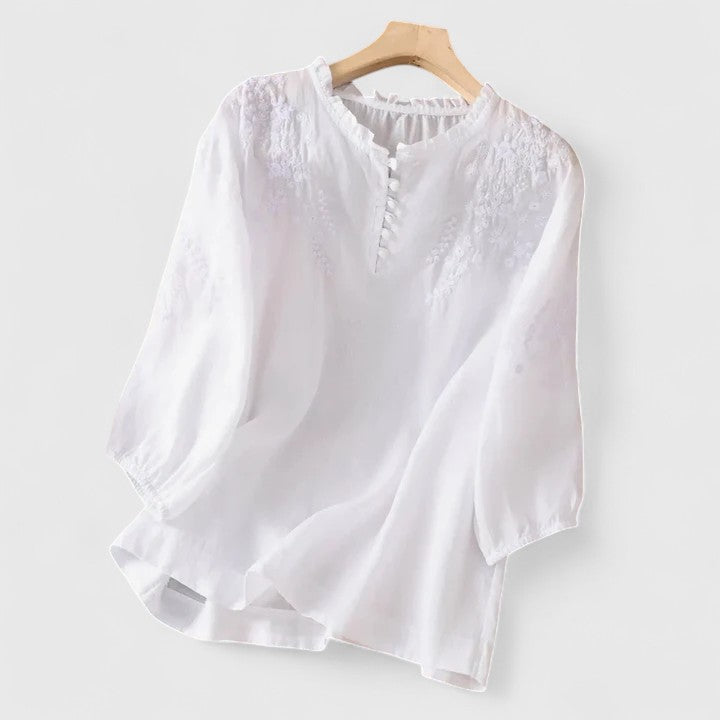 Women's Embroidered Button-Front Blouse with Ruffled Neckline - White