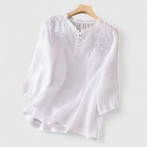 Women's Embroidered Button-Front Blouse with Ruffled Neckline - White