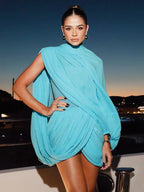 Women's Asymmetric Draped Dress with One Shoulder Balloon Sleeve - 2