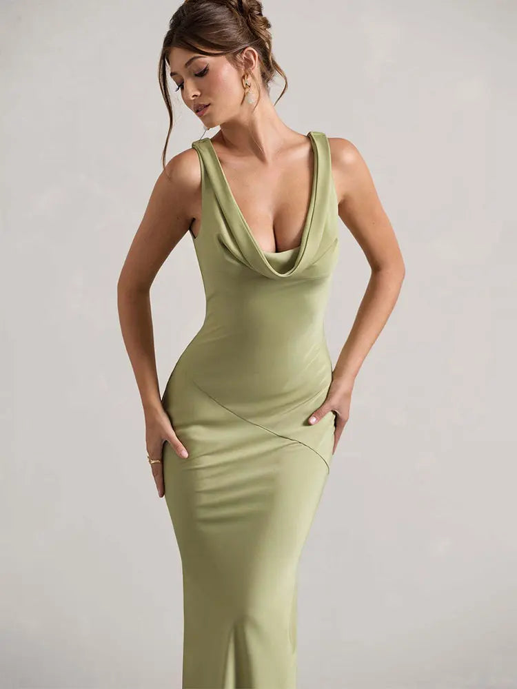 Women's Sleeveless Bodycon Maxi Dress with Cowl Neckline - 7