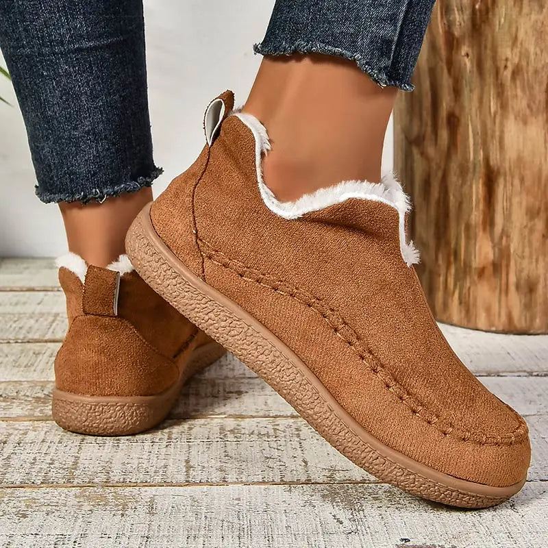 Women's Ankle Boots with Fleece-Lined Cuff and Contrast Stitching - Brown