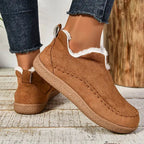 Women's Ankle Boots with Fleece-Lined Cuff and Contrast Stitching - Brown