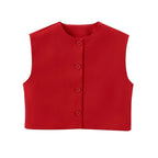 Women's Sleeveless Ribbed Knit Vest with Button Front and Round Neck - Red
