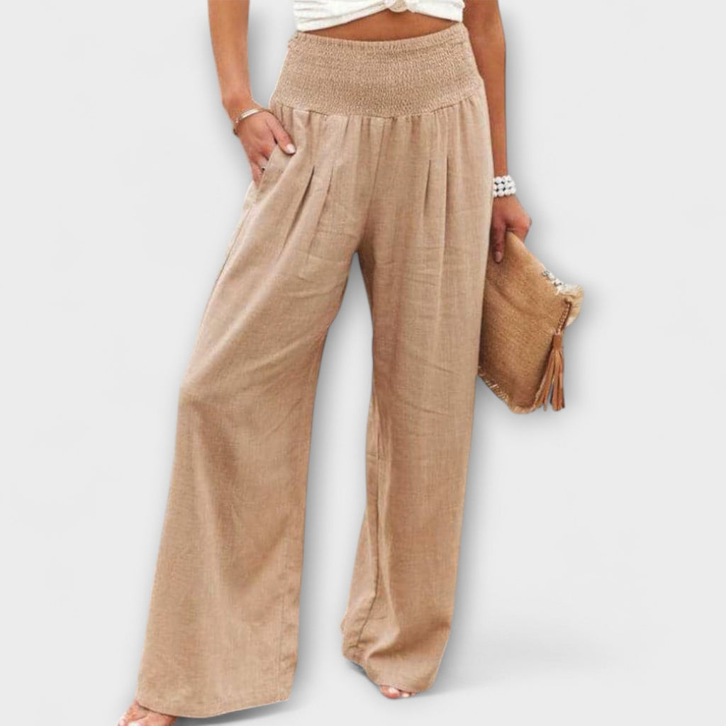 Women's Wide Leg Trousers with Mid-Rise Waistband - Khaki