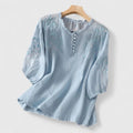 Women's Embroidered Button-Front Blouse with Ruffled Neckline - Blue