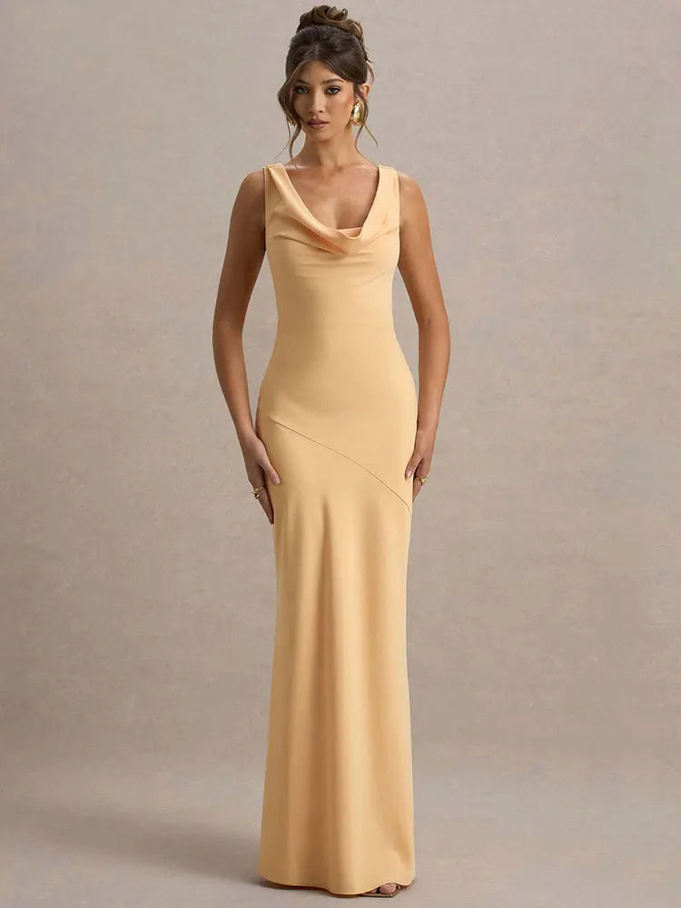 Women's Sleeveless Bodycon Maxi Dress with Cowl Neckline - Yellow