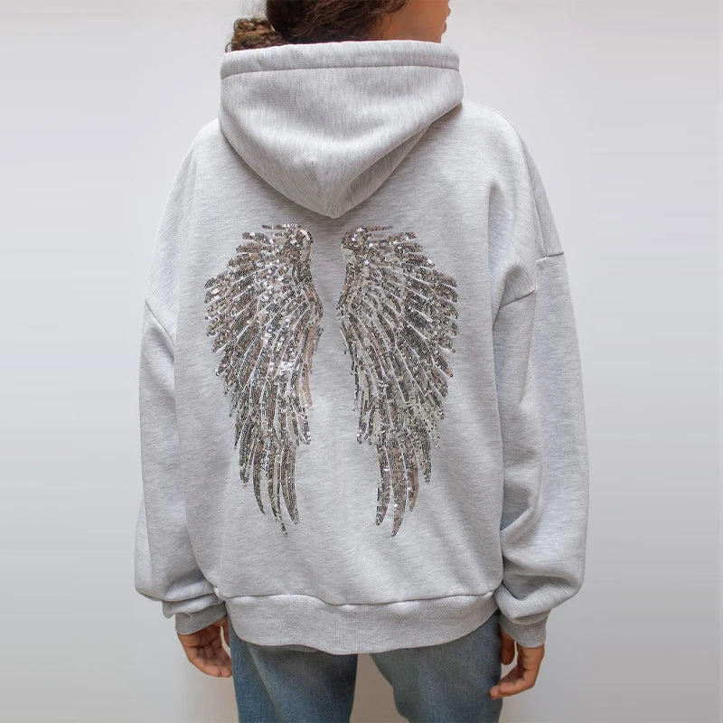 Women's Hoodie with Sequin Angel Wing Back Print - 2