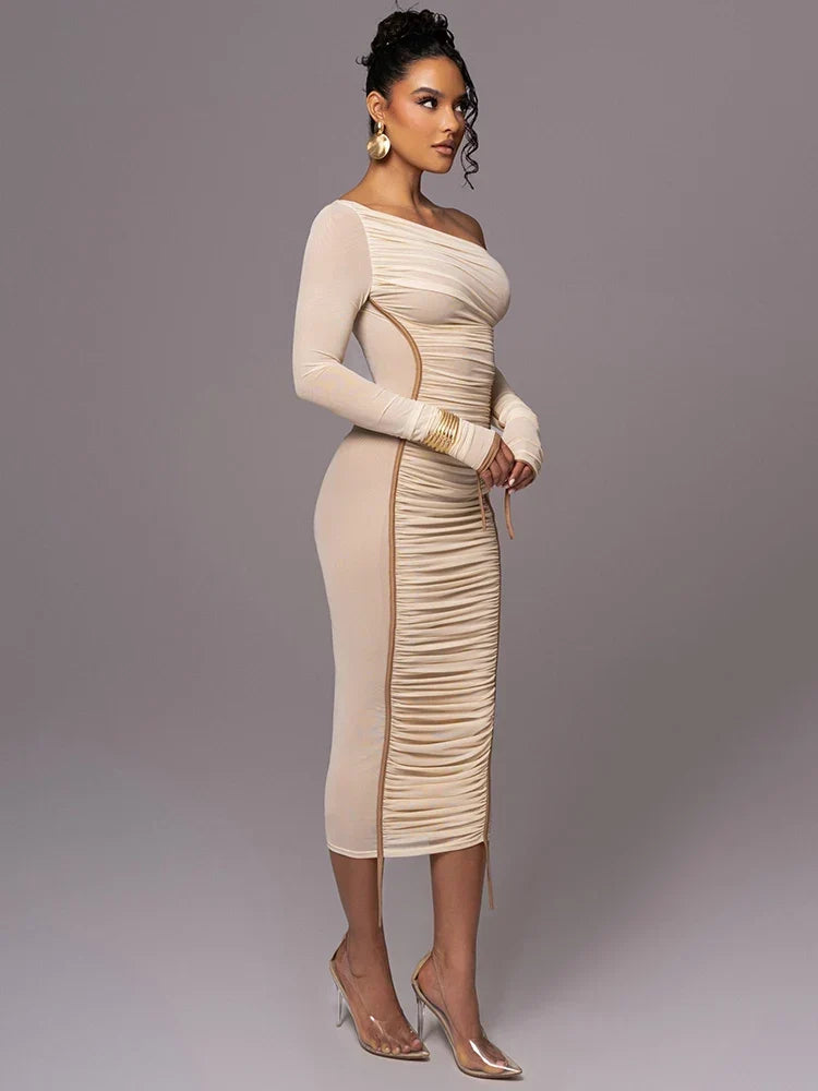 Women's Bodycon Midi Dress with One-Shoulder Ruched Design - 7