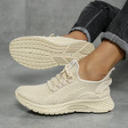Women's Knit Trainers with Lace-Up Front and Flexible Sole - Beige