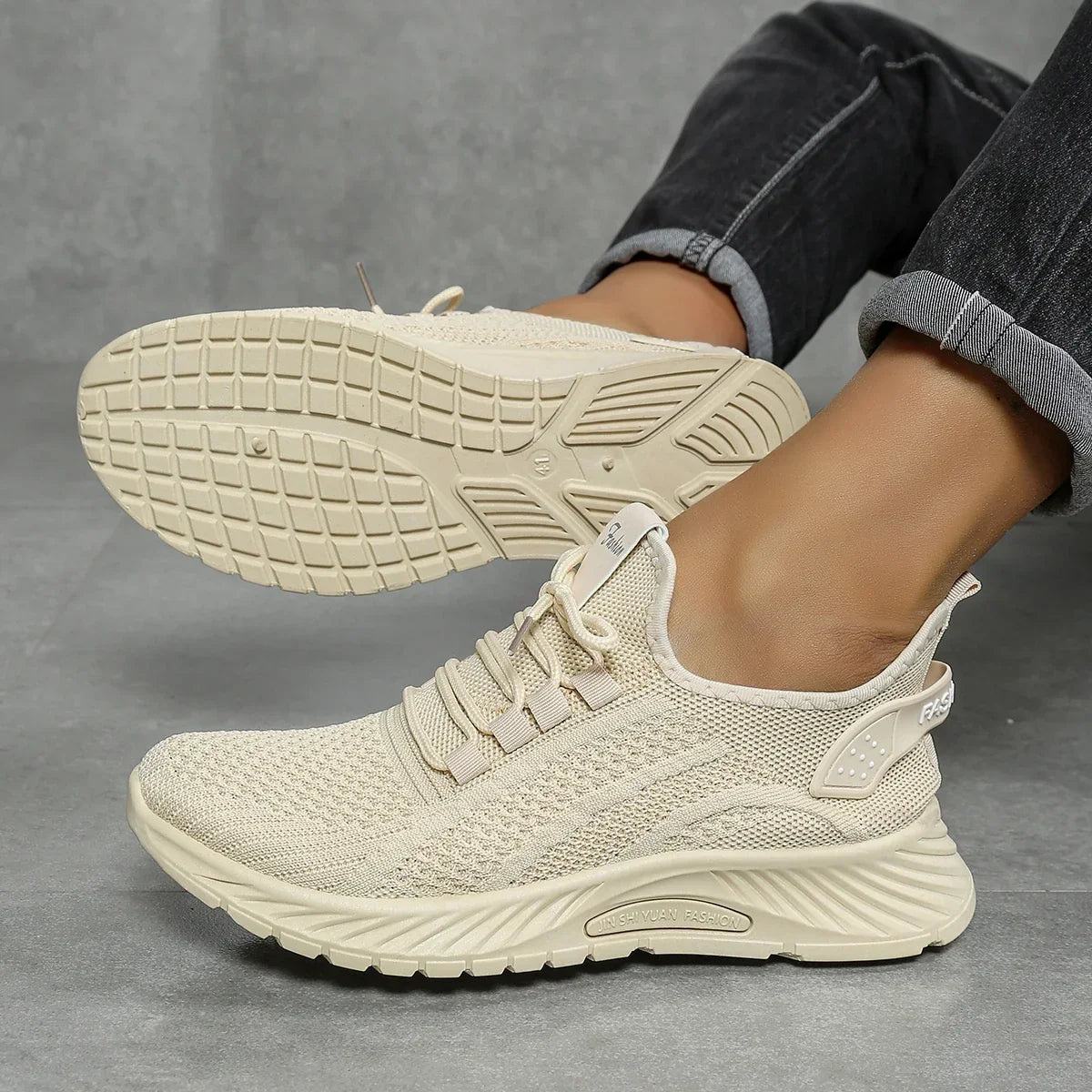 Women's Knit Trainers with Lace-Up Front and Flexible Sole - Beige