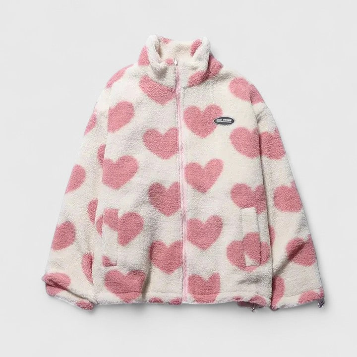 Women's Fleece Jacket with Heart Print and Stand Collar - 14