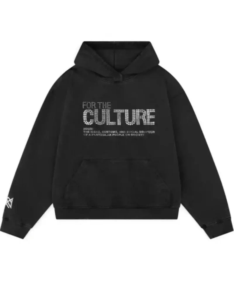 Unisex Hoodie with Rhinestone Statement Text and Relaxed Fit - Black