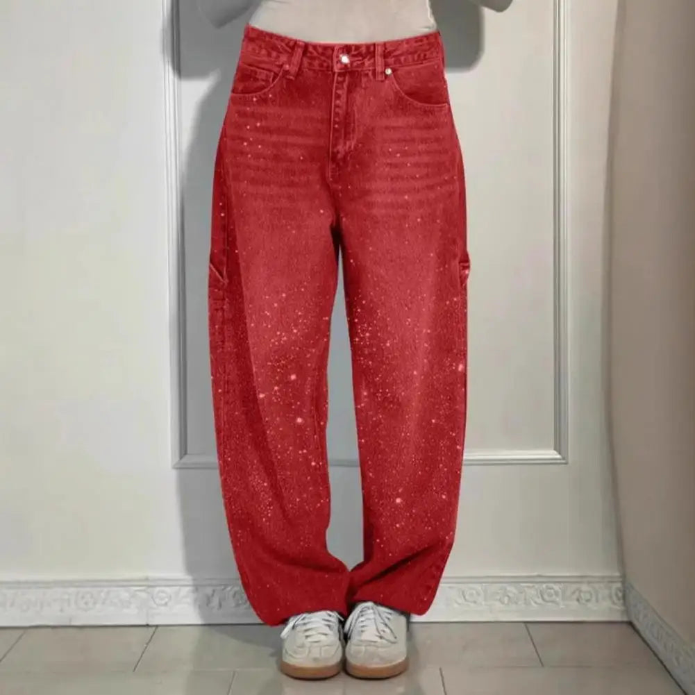 Women's Wide-Leg Jeans with Embellished Crystal Detail - 4