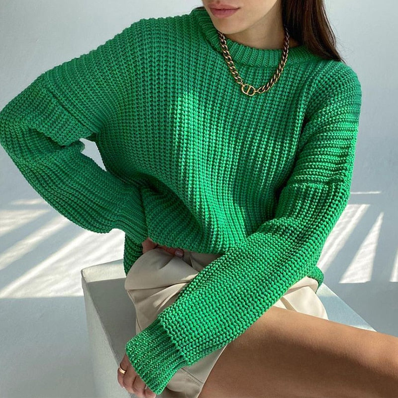 Women's Relaxed Fit Ribbed Jumper with Layered Collar - Green