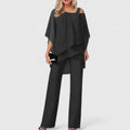 Women's Two-Piece Trouser Set with Asymmetric Overlay Top - Black