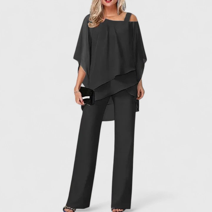 Women's Two-Piece Trouser Set with Asymmetric Overlay Top - Black