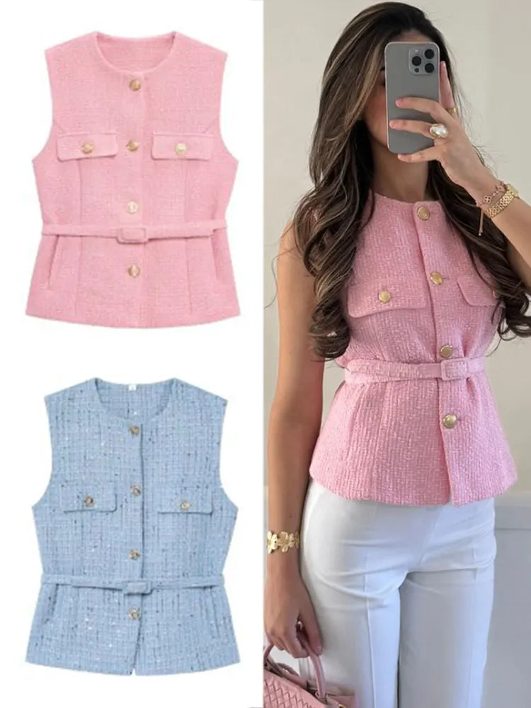 Women's Sleeveless Belted Blazer Vest with Round Neck and Front Buttons - 7