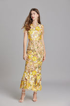 Women's Midi Dress Floral Appliqué with High Neckline and Sheer Sleeves - 11