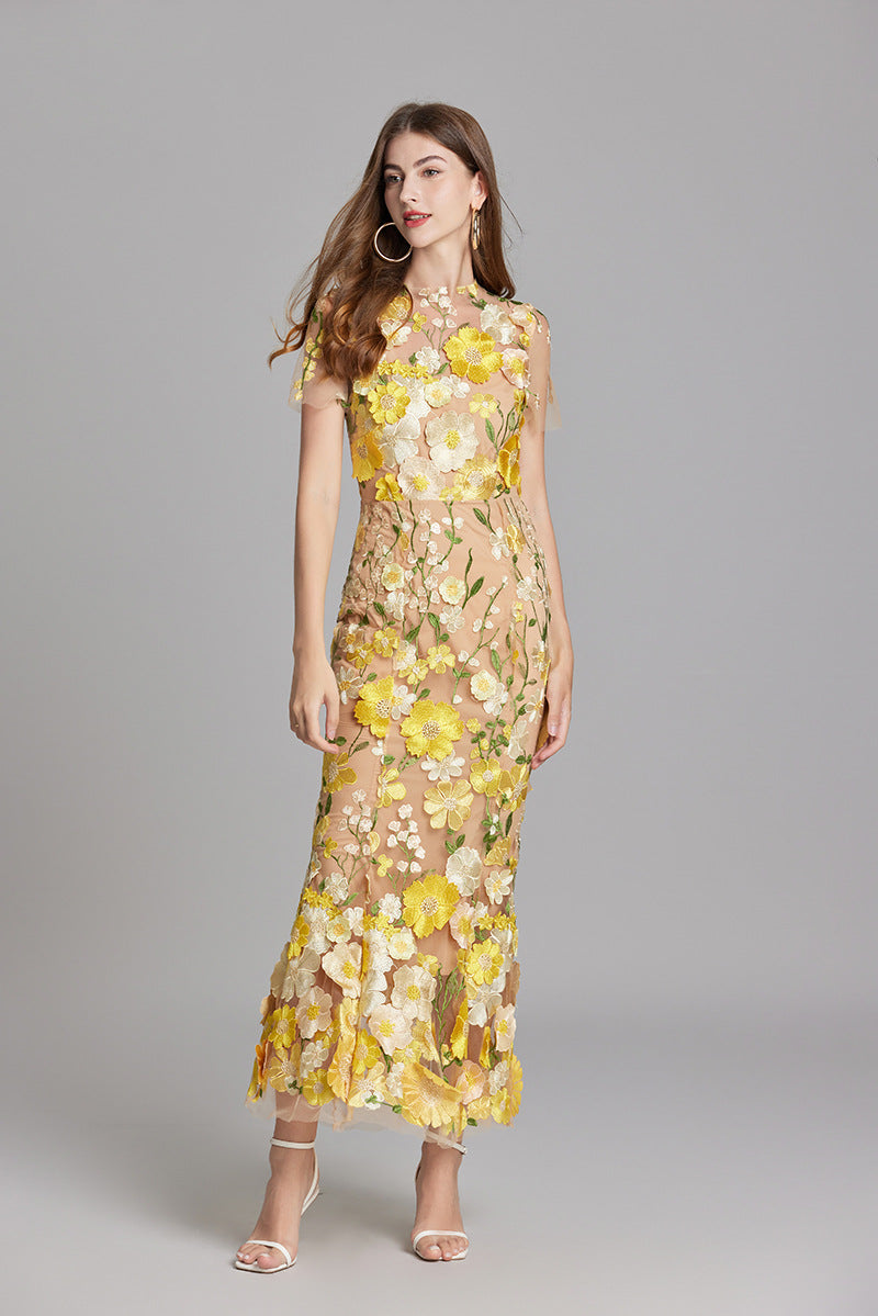 Women's Midi Dress Floral Appliqué with High Neckline and Sheer Sleeves - 11