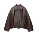 Women's Faux Leather Bomber Jacket with Belted Waist and Point Collar - Brown