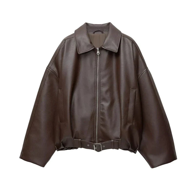 Women's Faux Leather Bomber Jacket with Belted Waist and Point Collar - Brown