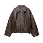 Women's Faux Leather Bomber Jacket with Belted Waist and Point Collar - Brown