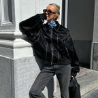 Women's Oversized Jacket with Contrast Seam Details - Black