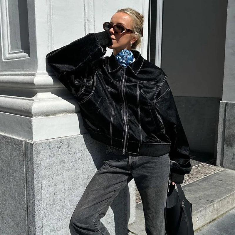 Women's Oversized Jacket with Contrast Seam Details - Black
