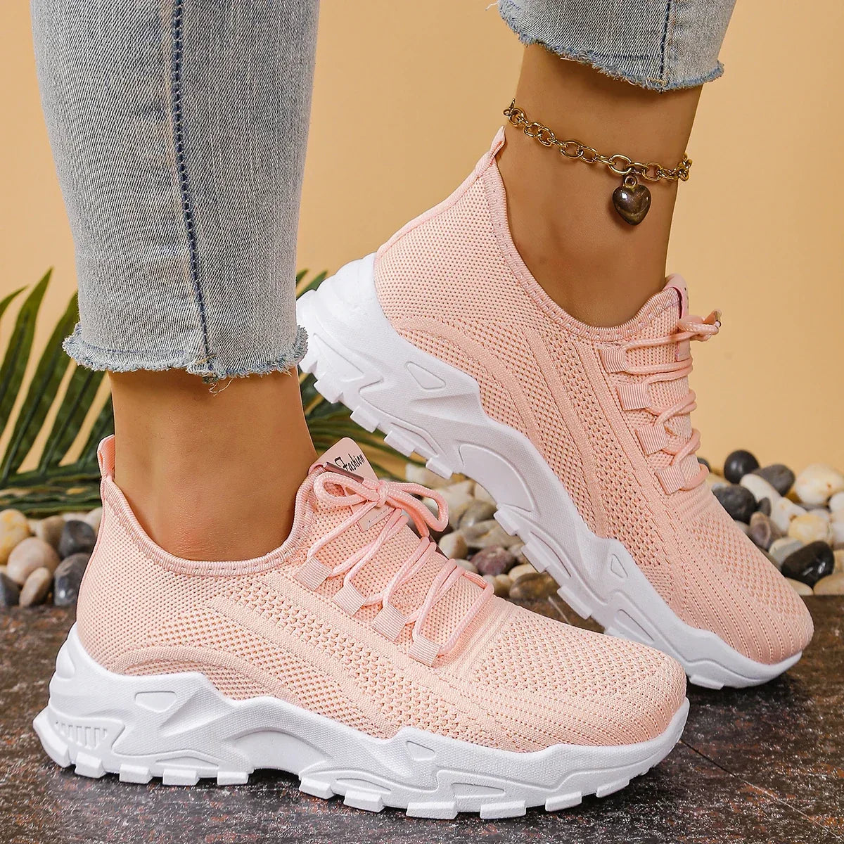 Women's Sneakers with Mesh Upper and Chunky Sole - 5