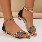 Women's Sandals Open-Toe with Ankle Strap and Low Block Heel - Black