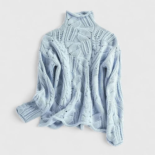 Women's Jumper High Neck Cable Knit Long Sleeve - Blue